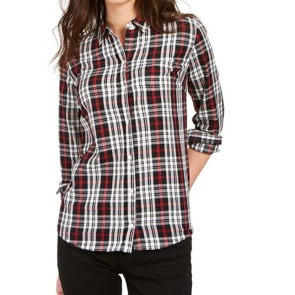 EUC Charter Club Size PL Button Front Plaid Long Sleeve Size Black Red - Picture 1 of 11